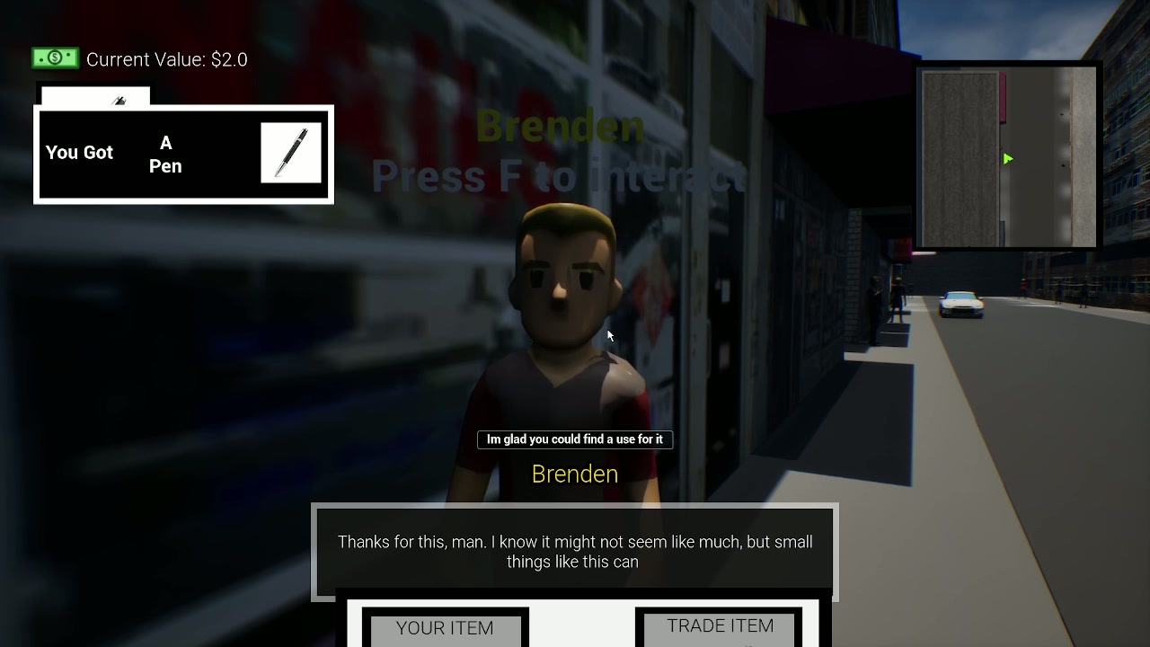 The trading interface showing YOUR ITEM and TRADE ITEM panels during a conversation with an NPC.