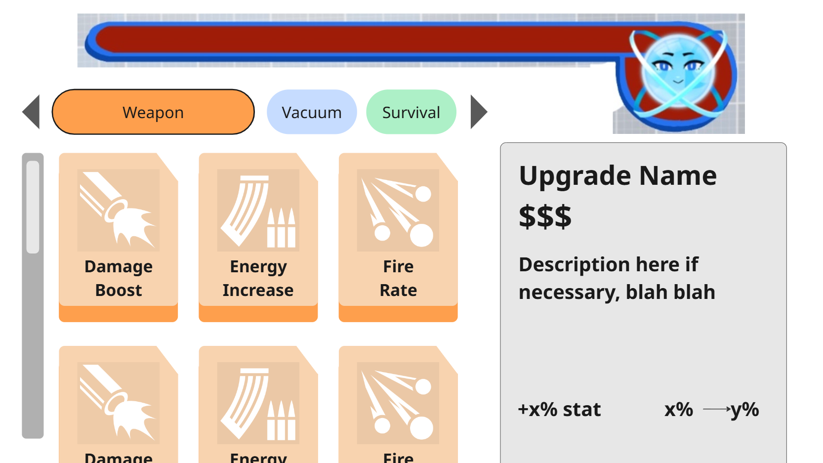 A polished artist mockup of the shop UI with Weapon, Vacuum, and Survival tabs and item cards.