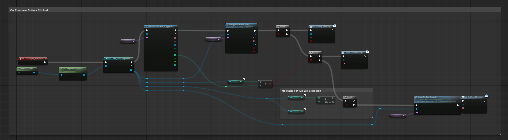 An early, messy purchase-button Blueprint graph with a comment reading No Ram Yet So We Skip
                This.