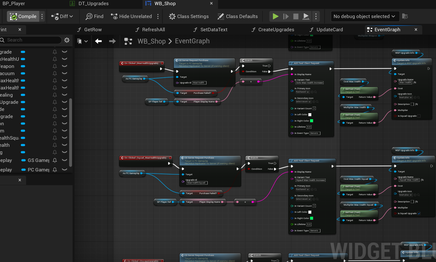 The final WB_Shop Blueprint EventGraph, showing server-authoritative purchase requests and
                squad upgrade handling.
