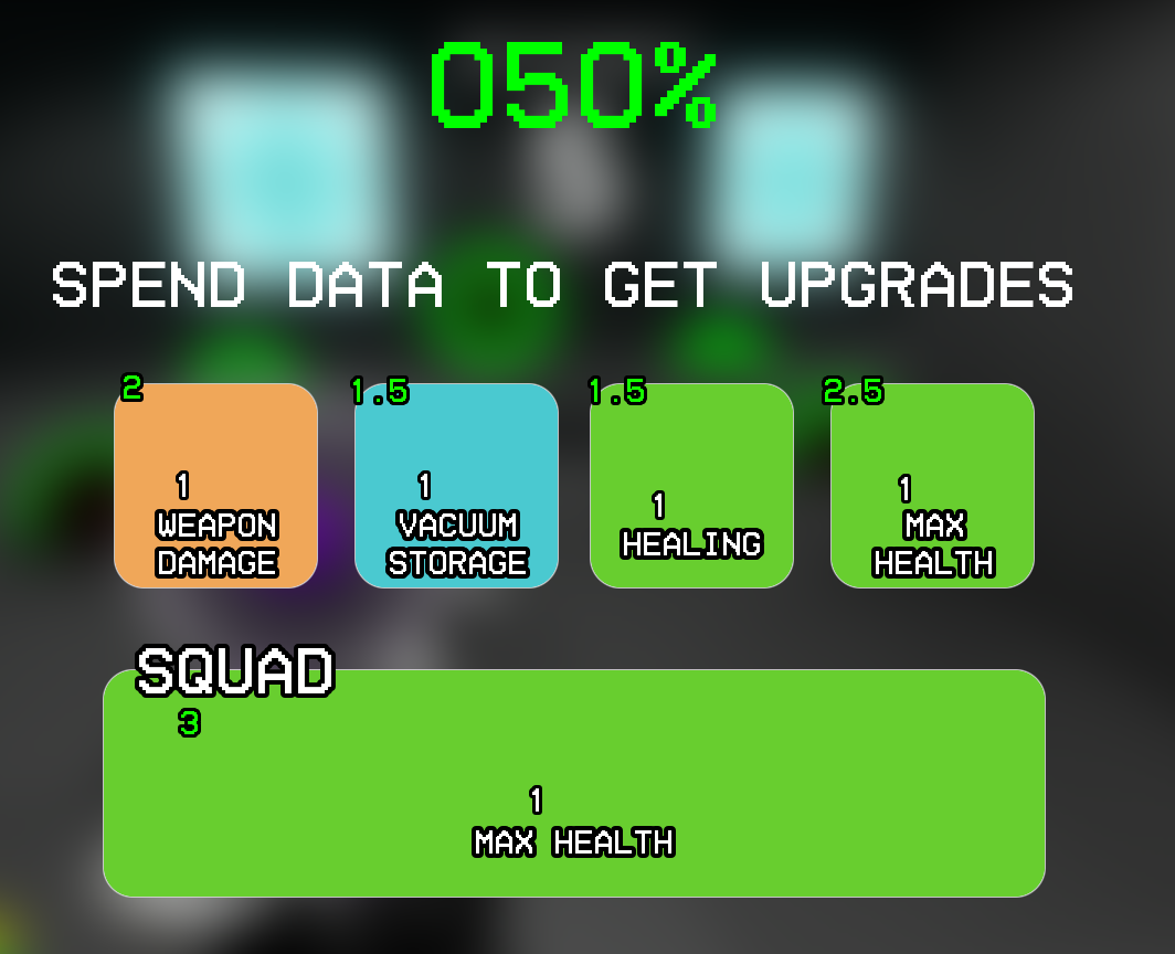 The actual early in-engine shop screen at 050 percent restoration, showing Weapon Damage,
                Vacuum Storage, Healing, Max Health, and a Squad Max Health tier.