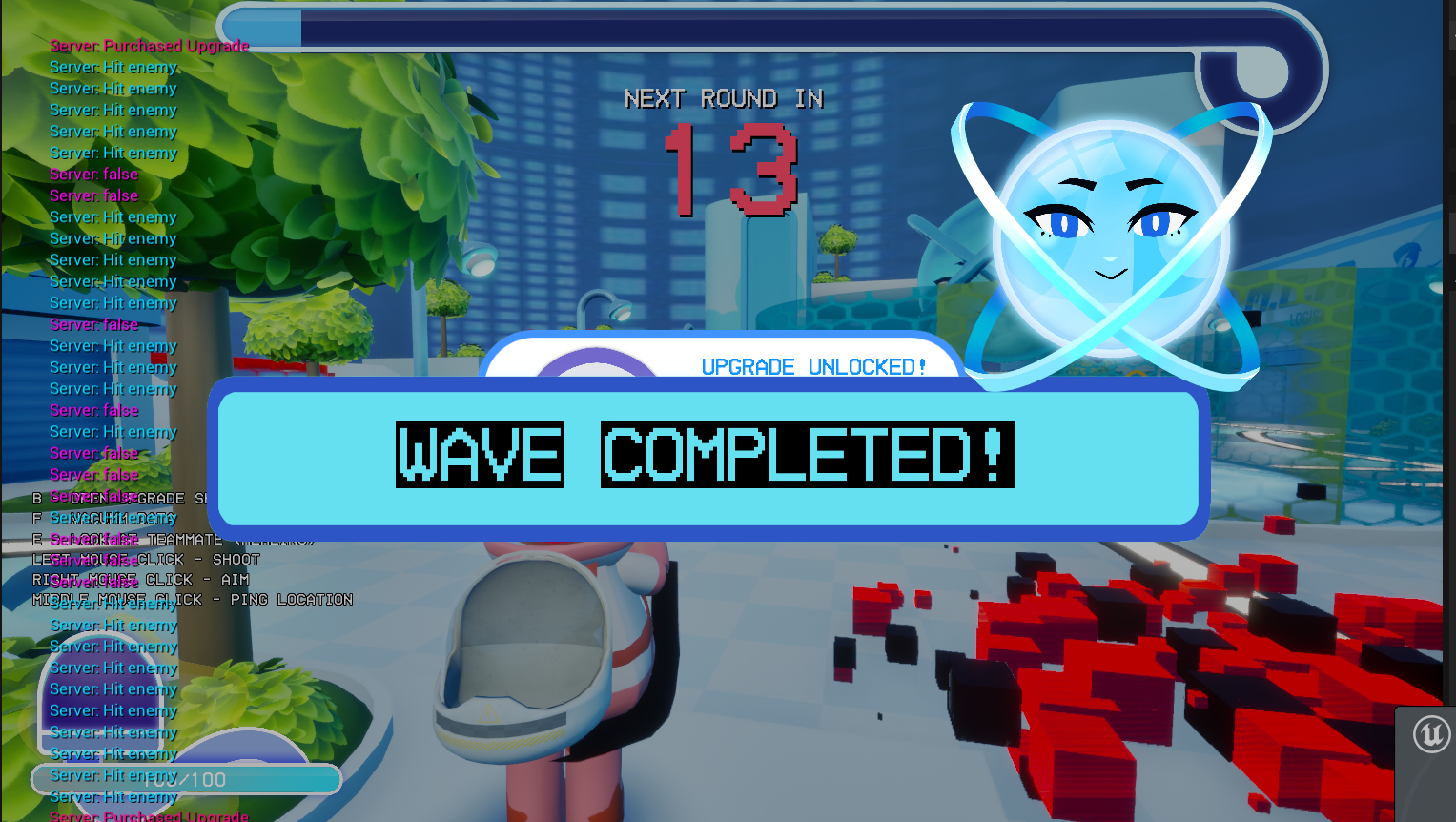 A Wave Completed, Upgrade Unlocked screen buried under a flood of raw server debug logs.
