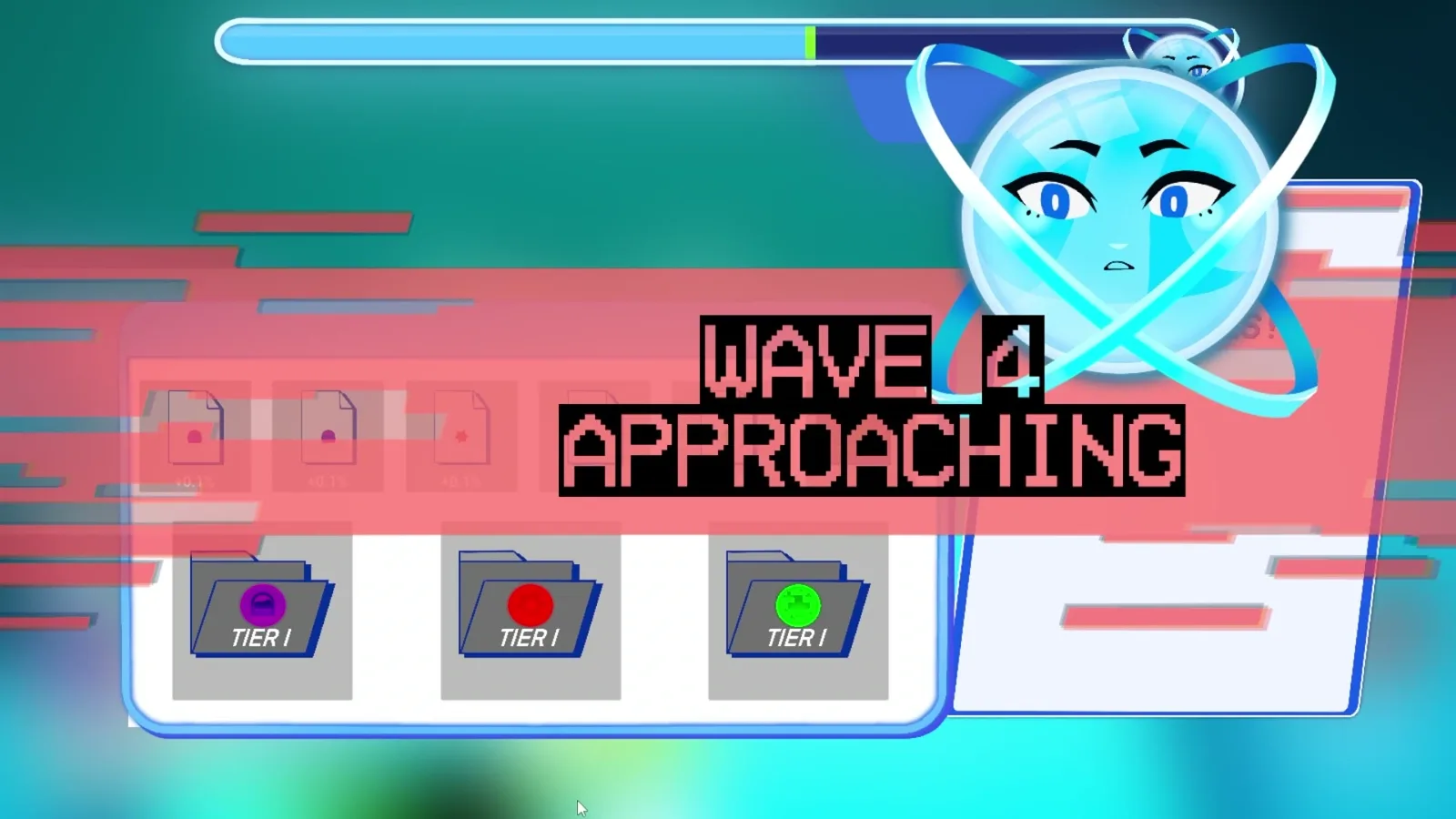 Shop screen showing tier one upgrade folders while a wave four warning flashes.
