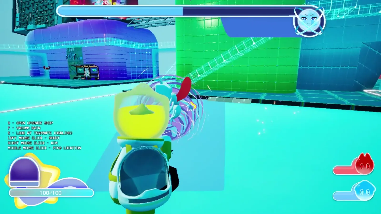 Third-person view of a player vacuuming a teammate mid-fight.