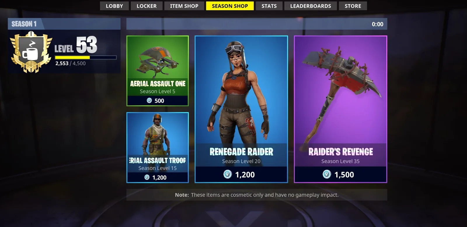 The 2017 Fortnite Season 1 shop showing Renegade Raider at 1,200 V-Bucks at Season Level 20.