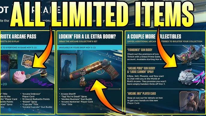 A breakdown of the Arcane collaboration pass showing limited player cards, sprays, gun buddies and
              titles, each with a listed availability window.