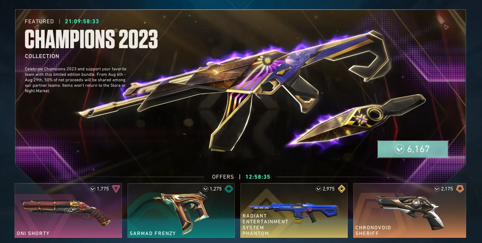 The VALORANT store Champions 2023 collection page showing a countdown and the non-return clause.