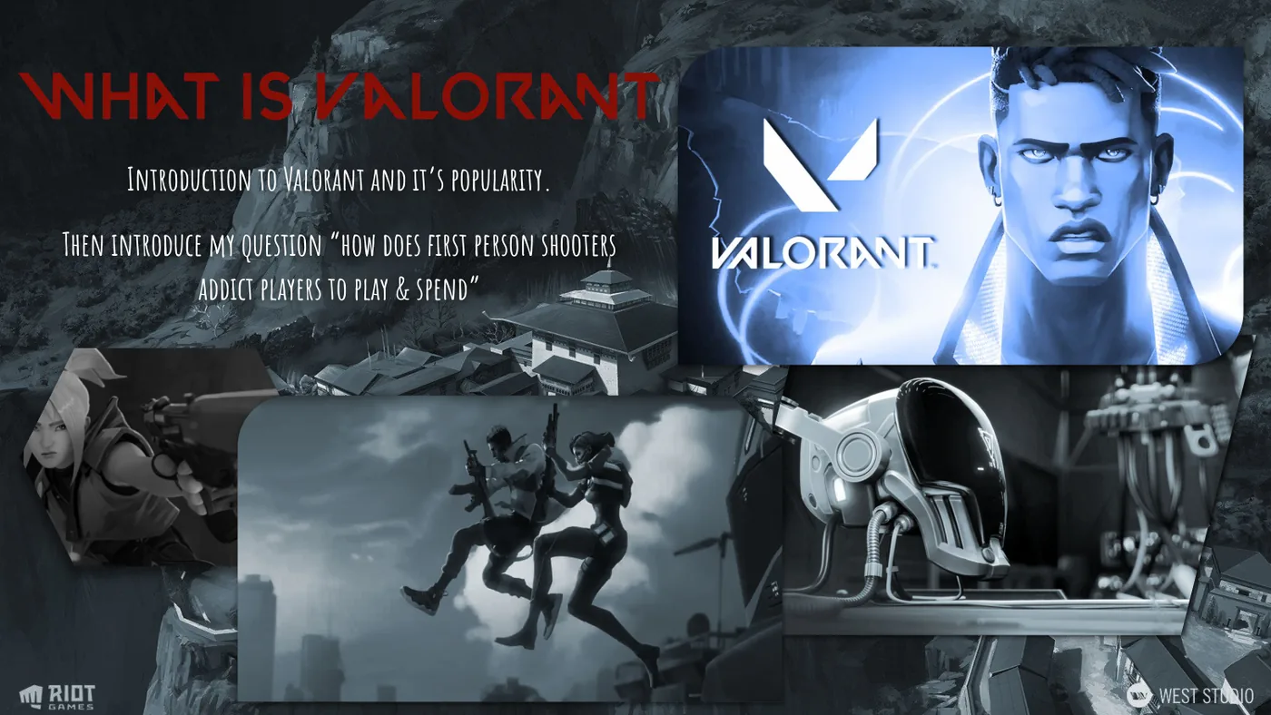 Storyboard page introducing VALORANT and the study's central question about retention and spending.
