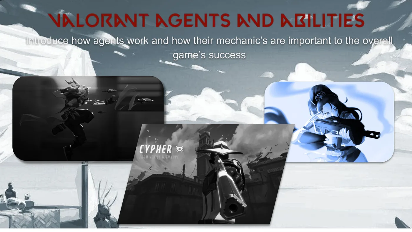Storyboard page covering agents, the buy menu, and per-weapon economy.