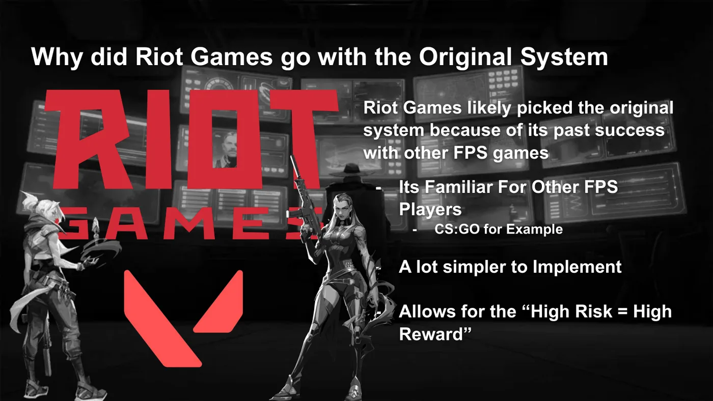 Slide arguing why Riot chose the original static economy: familiarity from CS:GO, simpler implementation, and clean risk-reward.